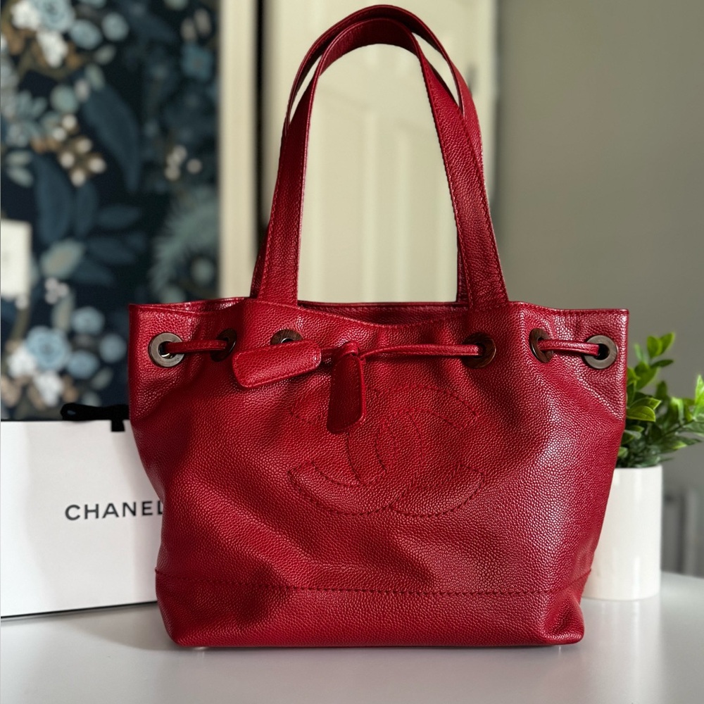 CHANEL CC Coco Mark Wood Grain Drawstring Vintage Tote Bag in Caviar - Picture 4 of 14
